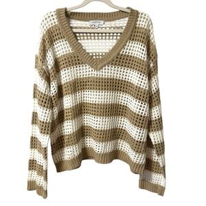 My Style Open Weave Knit Crochet Style Sweater Womens Large Brown White Stripes